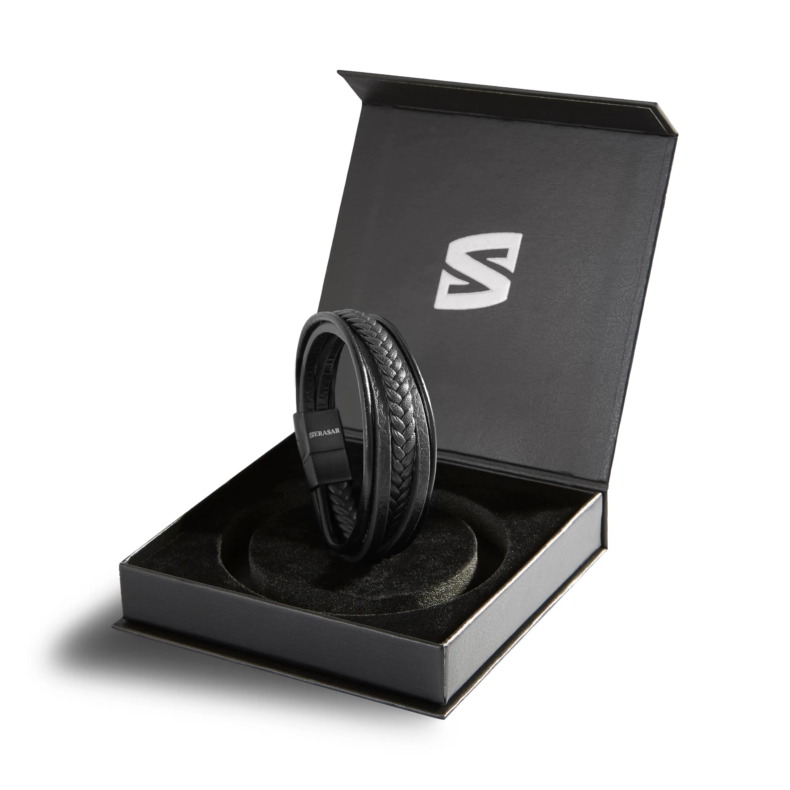 SERASAR Bracciale Uomo Cuoio Braccialetto Pelle Nera Inox Compleanno 23cm - immagine 2