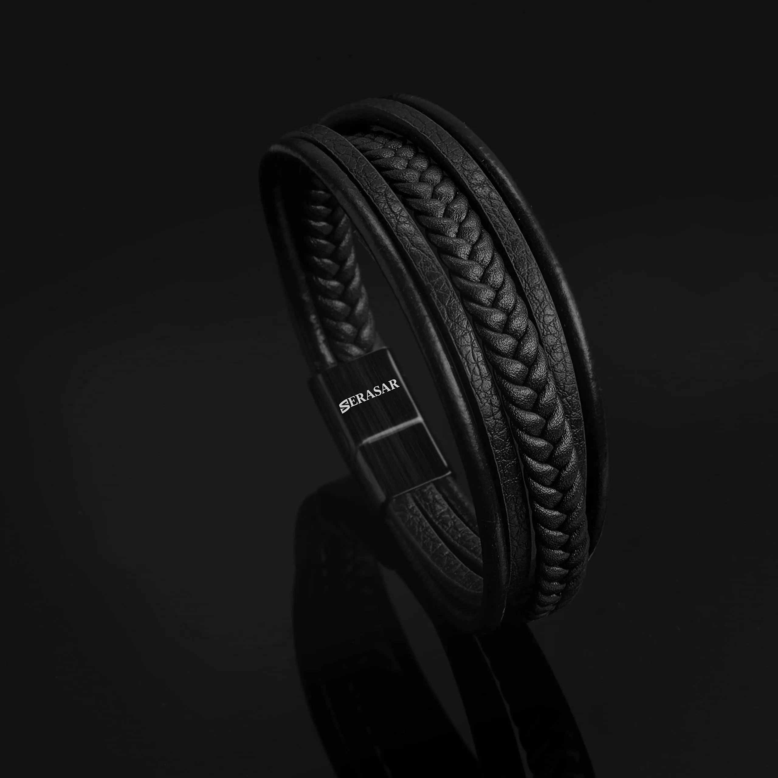 SERASAR Bracciale Uomo Cuoio Braccialetto Pelle Nera Inox Compleanno 23cm - immagine 9