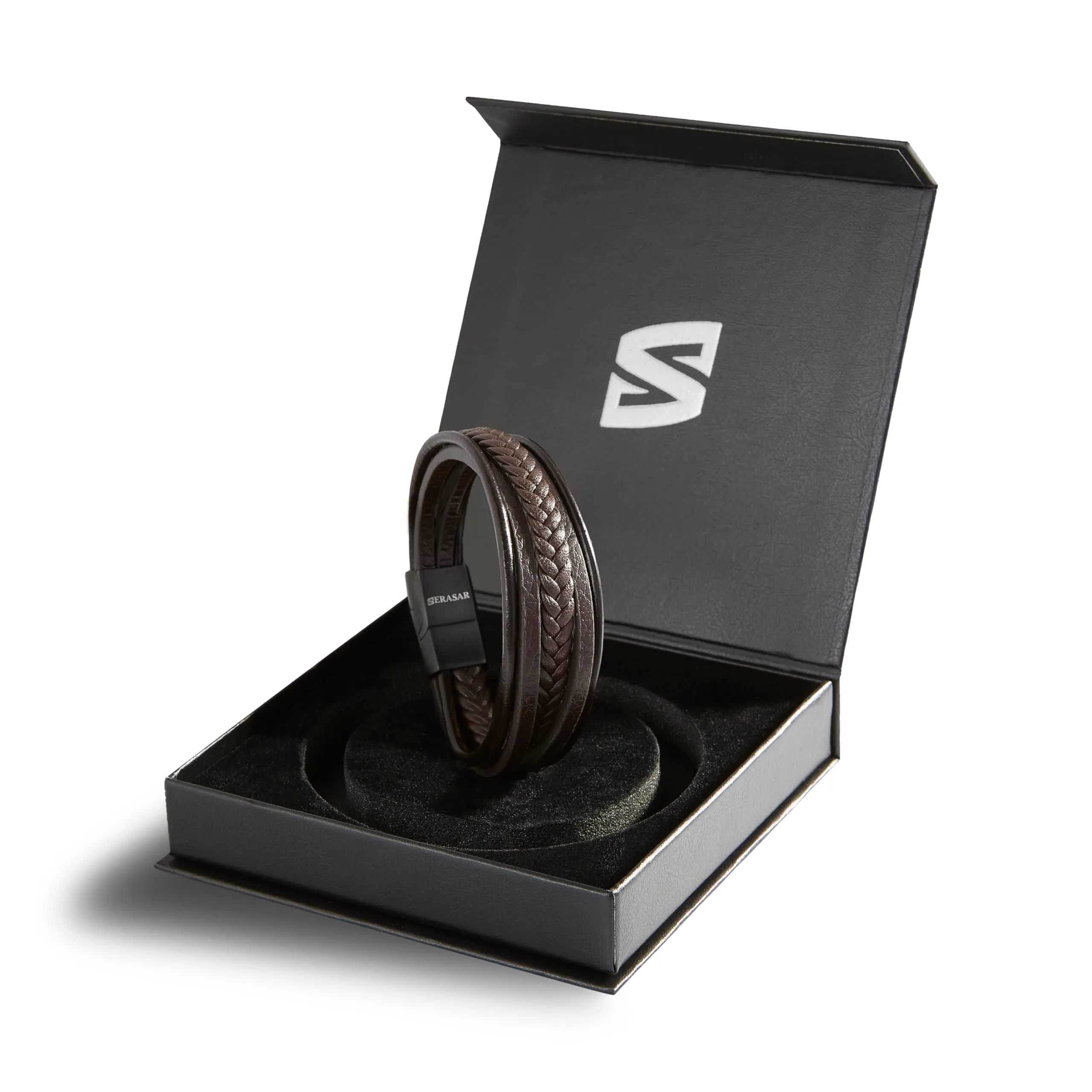 SERASAR Bracciale Uomo Pelle Marrone Inox 23cm - immagine 2