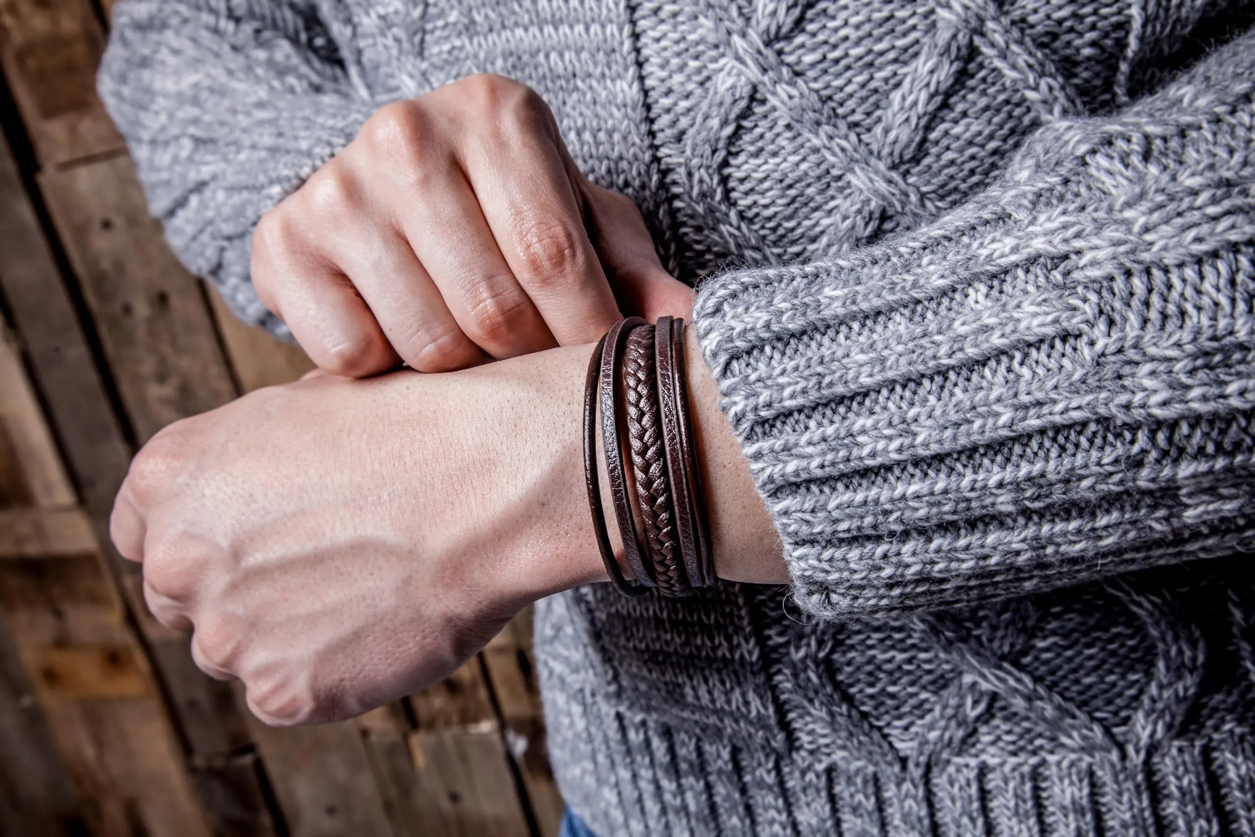 SERASAR Bracciale Uomo Pelle Marrone Inox 23cm - immagine 5