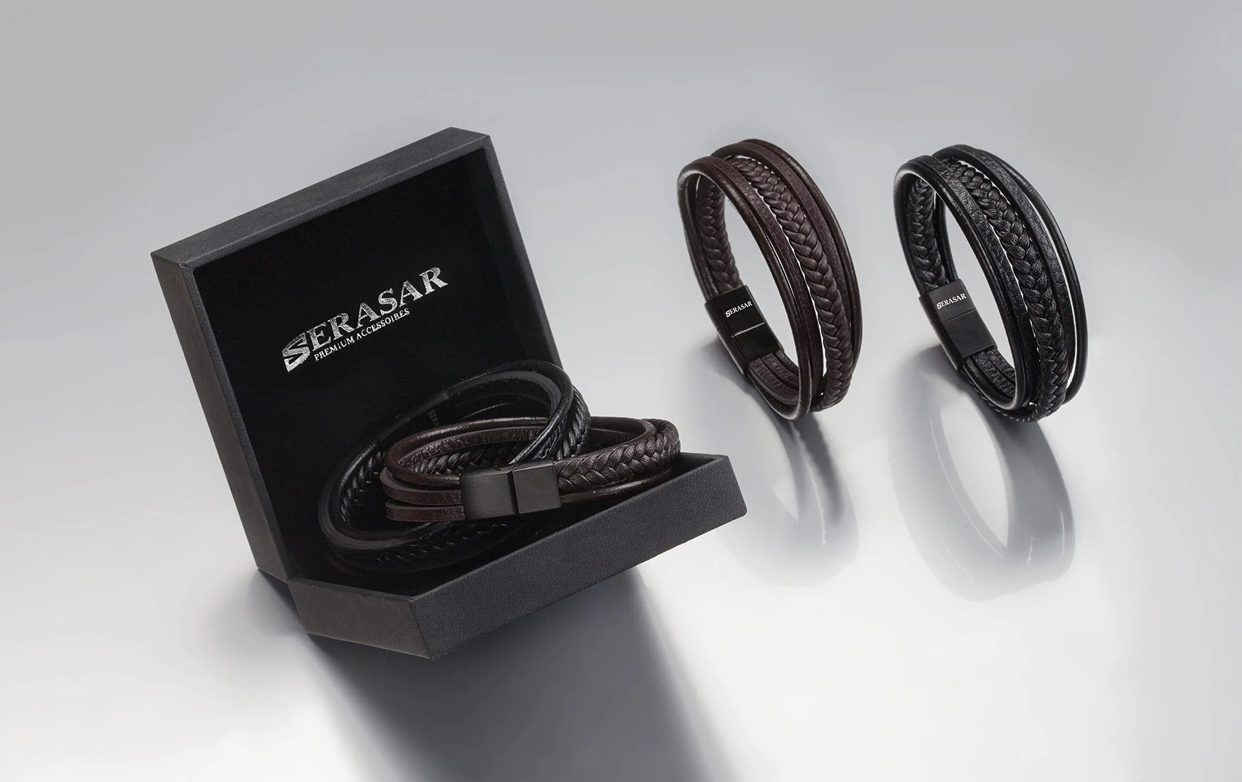 SERASAR Bracciale Uomo Cuoio Braccialetto Pelle Nera Gioielli Papa 25cm - immagine 7