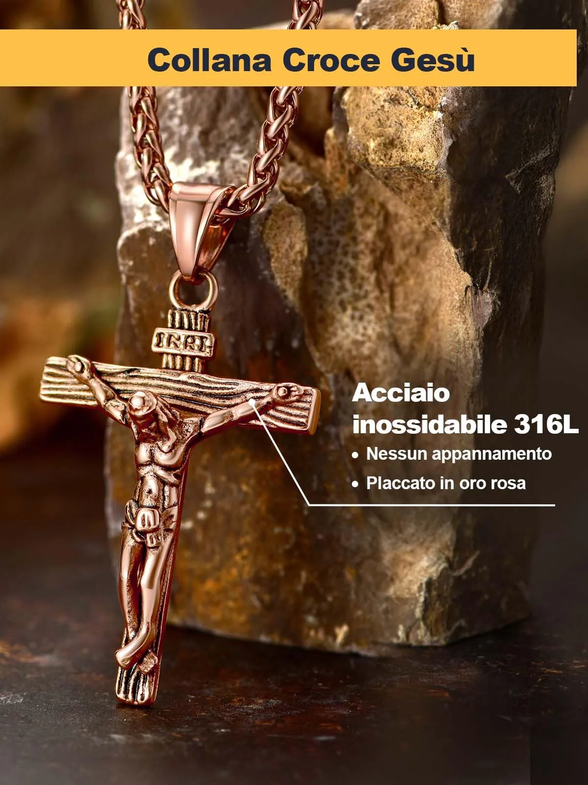 U7 Crocifisso Collana Uomo Oro Rosa + Catena Spiga Acciaio Inox 55+5cm - immagine 4