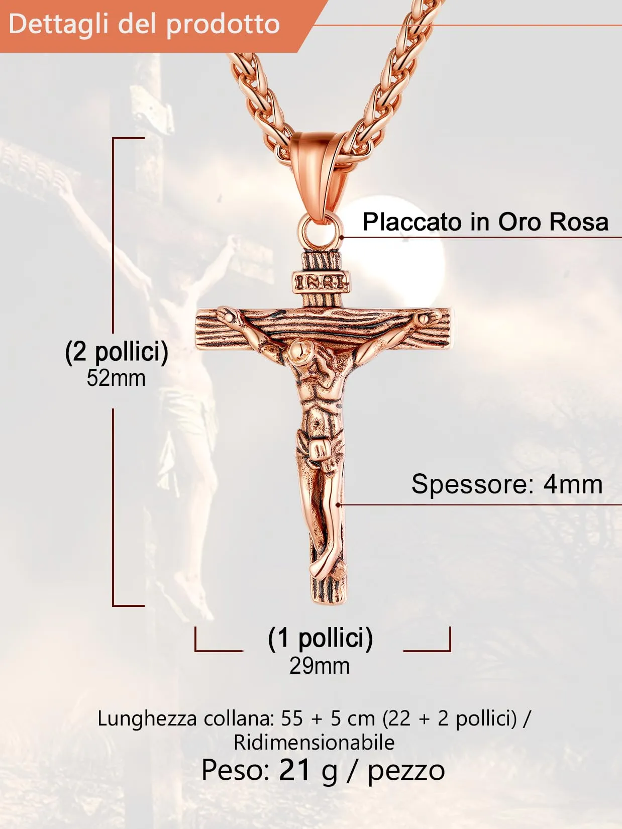 U7 Crocifisso Collana Uomo Oro Rosa + Catena Spiga Acciaio Inox 55+5cm - immagine 6