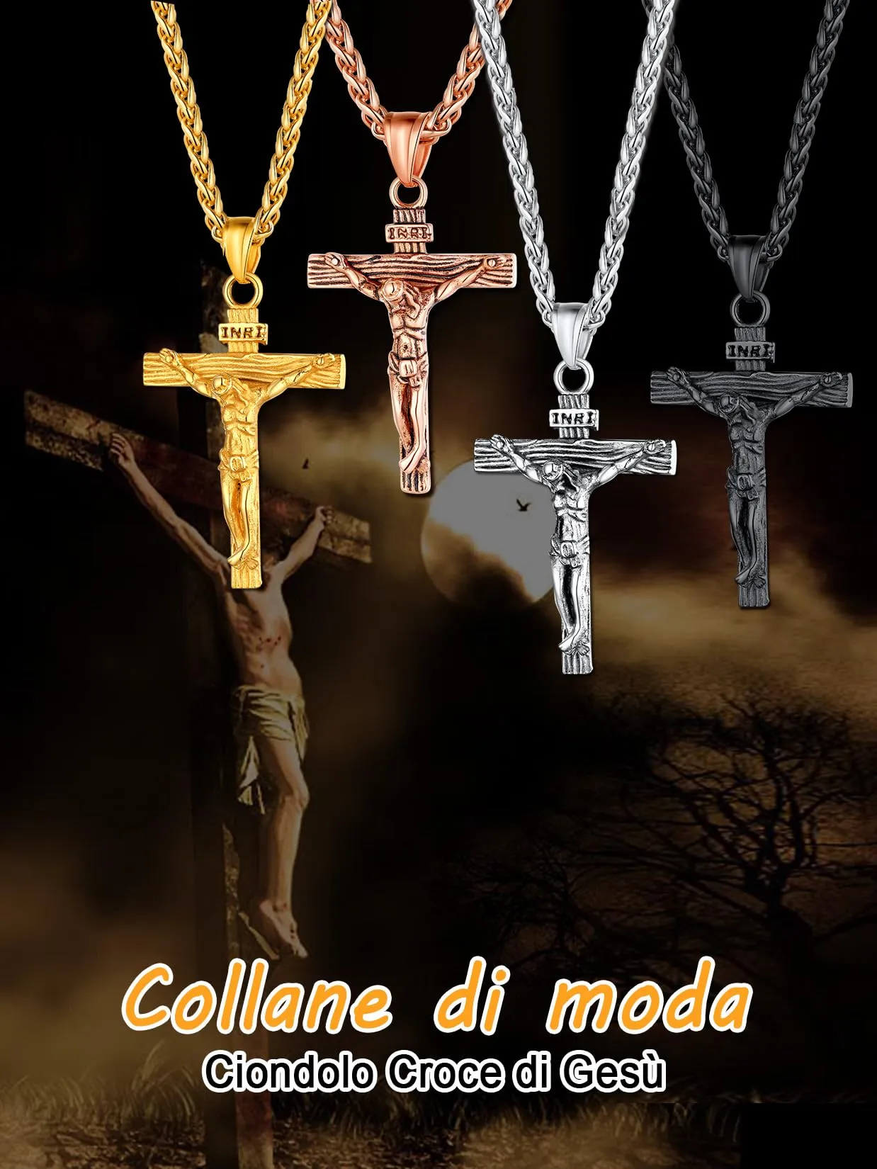 U7 Crocifisso Collana Uomo Oro Rosa + Catena Spiga Acciaio Inox 55+5cm - immagine 7