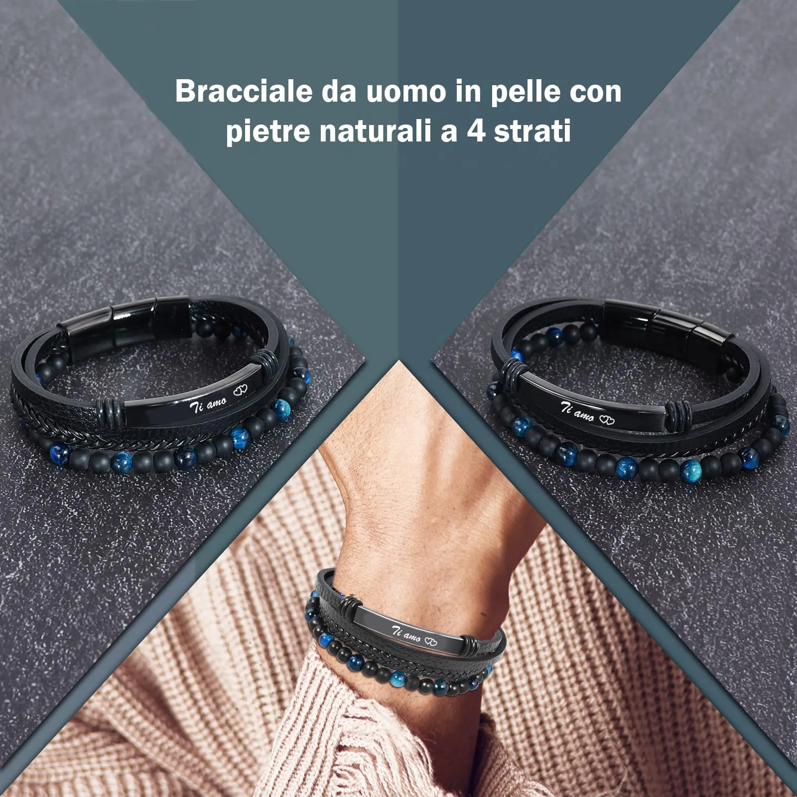 VGWON Regalo Uomo Bracciale da Uomo in Vera Pelle con Pietre Naturali - immagine 2