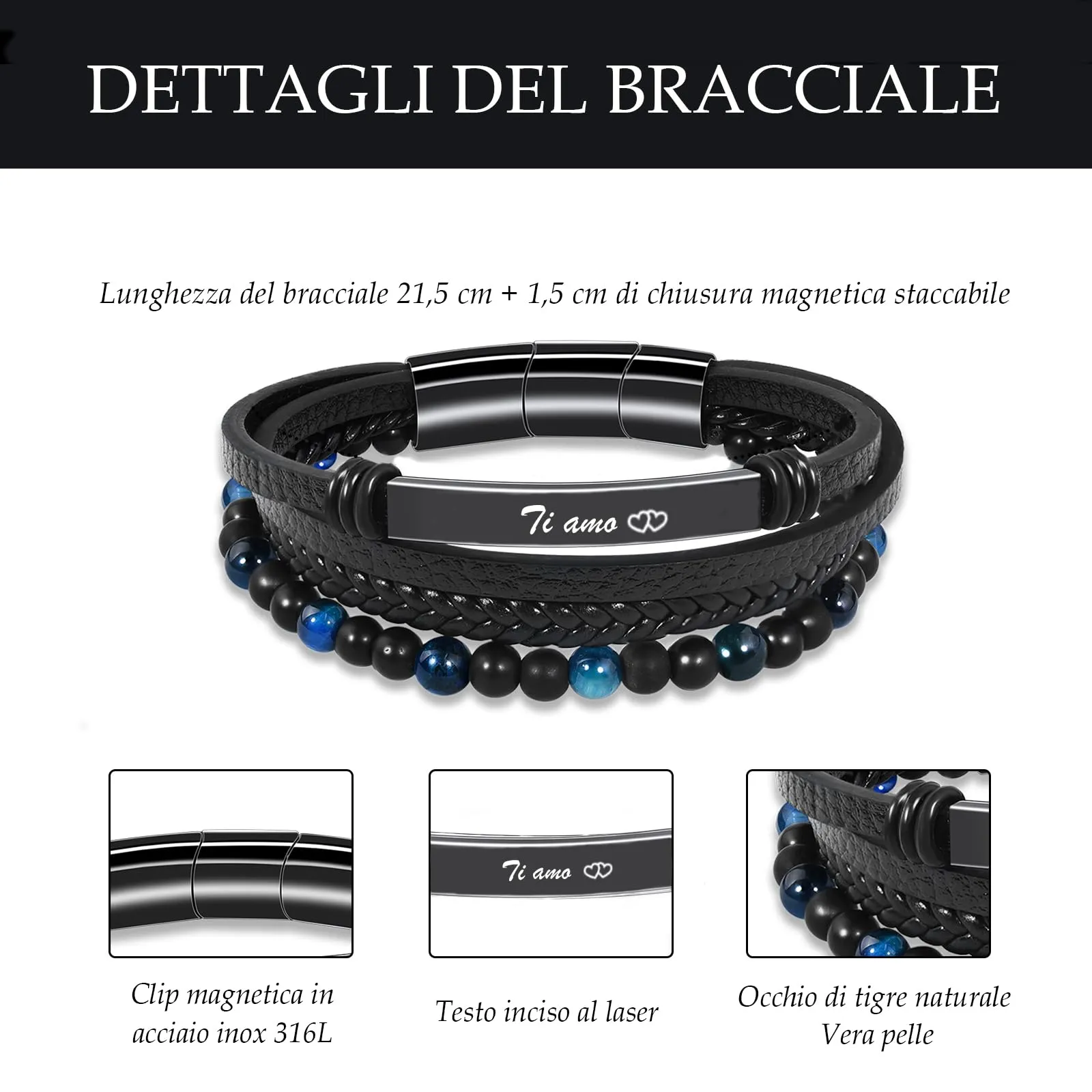 VGWON Regalo Uomo Bracciale da Uomo in Vera Pelle con Pietre Naturali - immagine 3