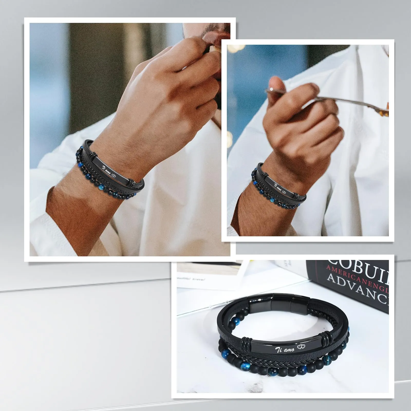 VGWON Regalo Uomo Bracciale da Uomo in Vera Pelle con Pietre Naturali - immagine 6