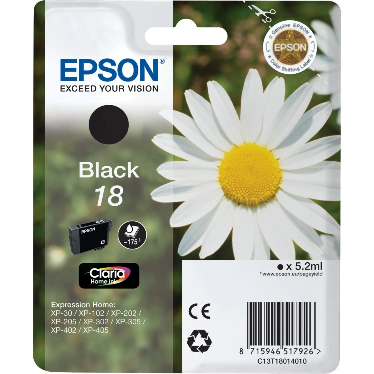 ORIGINALE Epson Cartuccia d'inchiostro nero C13T18014012 18 175 pagine 52ml standard - immagine 1