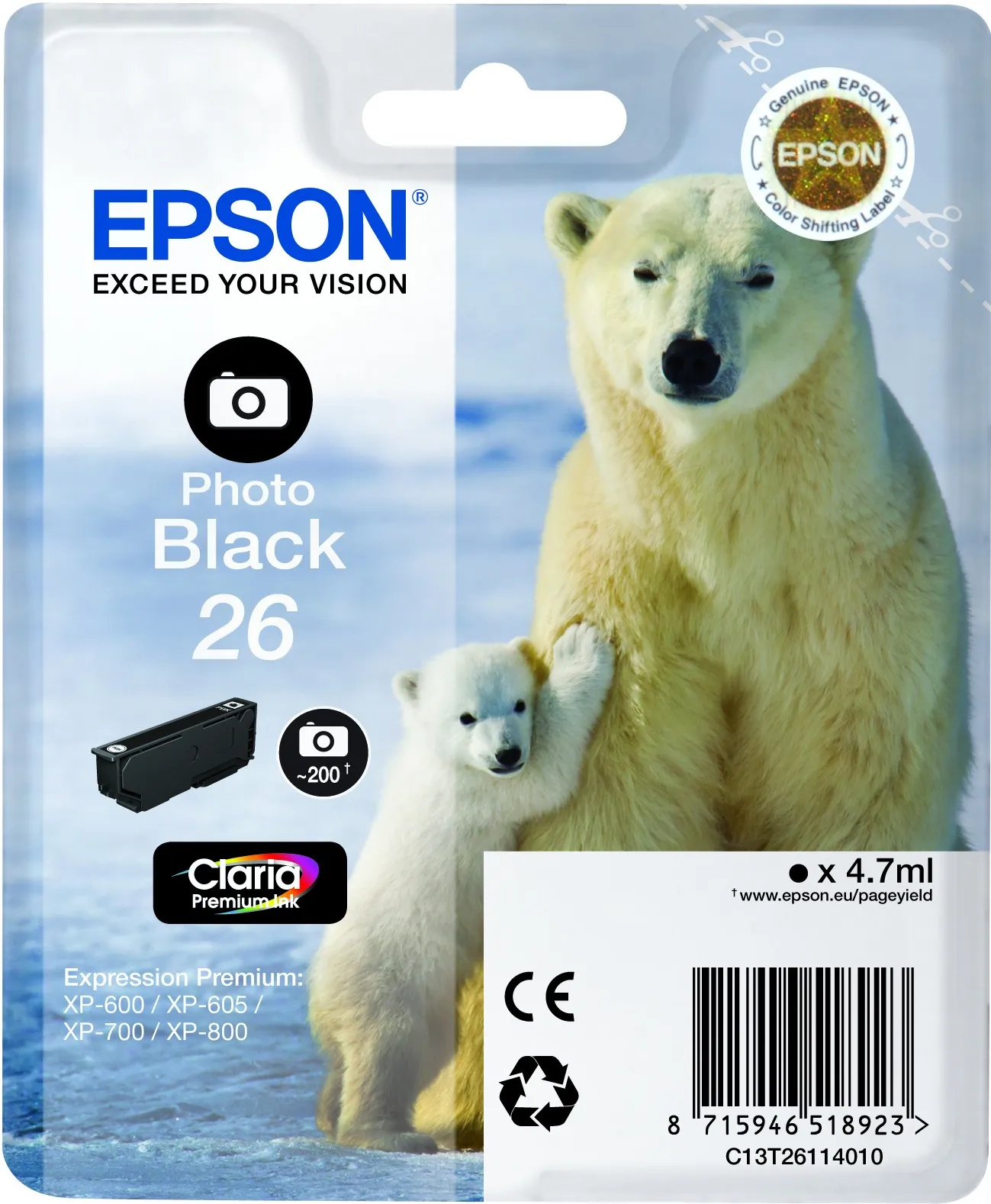 ORIGINALE Epson Cartuccia d'inchiostro Nero (Foto) C13T26114012 26 200 pagine 47ml standard - immagine 1