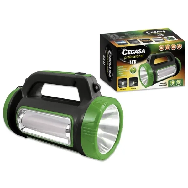 Torcia LED multifunzione professionale Cegasa - 5 modalità di illuminazione - Batteria da 1800 mAh - Alimentata tramite energia solare e USB - Nero/Verde - immagine 1