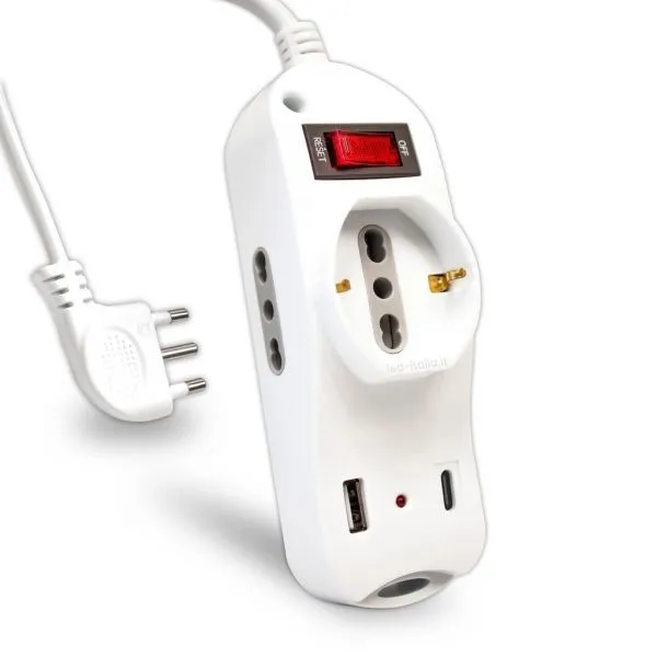 V-TAC Multipresa con Cavo 15m 2 Prese Laterali 10/16A 2P+T Bipasso 1 Frontale 10/16A 2P+T Schuko 2 USB (1A + 1C) Indicatore LED con Interruttore Spina 16A 2P+T Colore Bianco - immagine 1