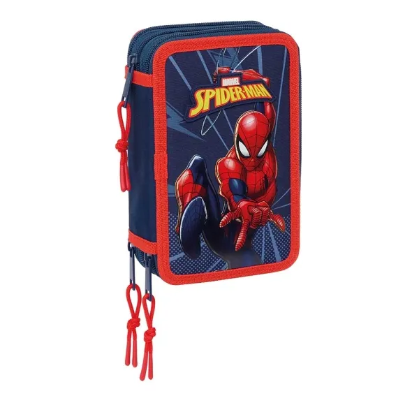 Astuccio a 3 scomparti Safta Spider-Man - 37 pezzi - 13 l - Gomma - Matita - Penne - Temperamatite - Righelli - 16 colori - 14 pennarelli - 125x55x195 mm - Blu navy - immagine 1