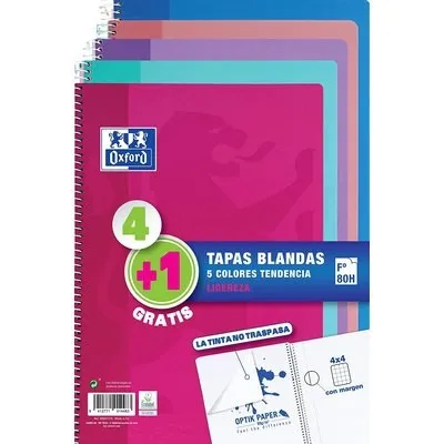 Oxford Pack 4+1 Quaderni Spirali Formato Folio Quadrato 4x4mm - 80 Fogli - Copertina Morbida - Colori Tendenza Assortiti - immagine 1