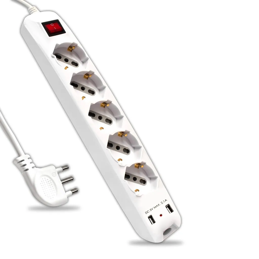 V-TAC Multipresa con Cavo 15m 5 Prese 10/16A Bipasso + Schuko e 2 USB Interruttore Luminoso Spina 16A 2P+T Colore Bianco - immagine 1