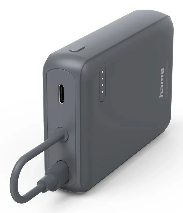 Hama Travel Bateria Externa Powerbank 10000mAh - Polimero de Litio - USB-C - Cable Integrado - Carga Rapida - 2 Conexiones de Salida - 23.5x90x63.2mm - Color Gris - immagine 1