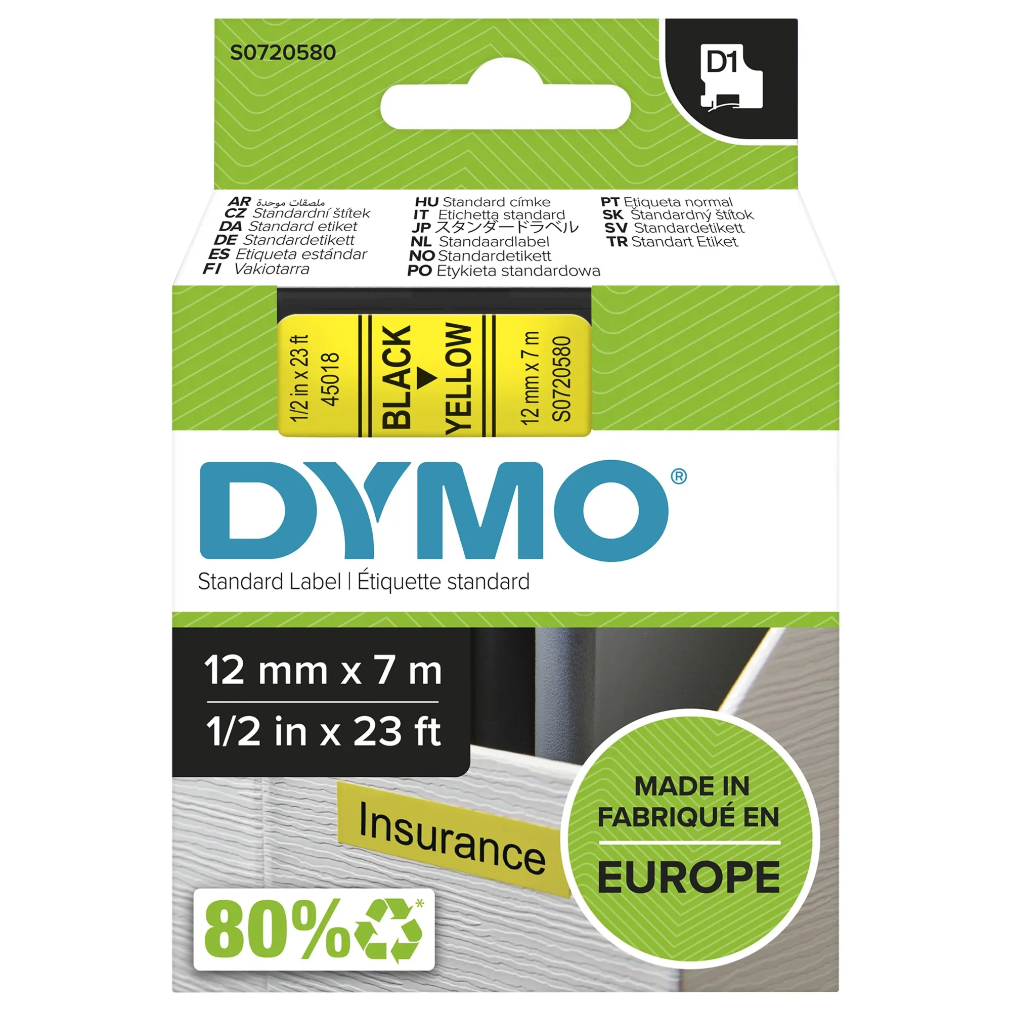 ORIGINALE DYMO Nastro Nero su giallo S0720580 45018 12mm x 7m Standard-D1-ruolo - immagine 1