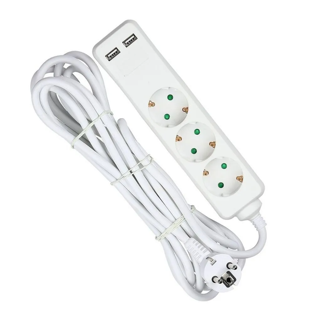 V-TAC Multipresa con Cavo 5m 3 Prese 10A 2P + Schuko 2 USB e Interruttore Luminoso Spina Schuko Colore Bianco - immagine 1