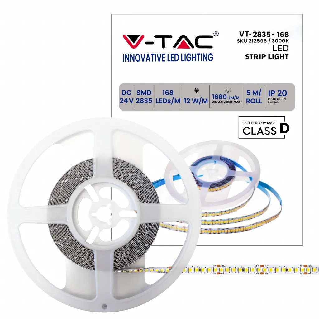 V-TAC Strip LED SMD2835 12W/m 5m 168 LED/m 140LM/W 24V 3000K IP20 10mm - immagine 1