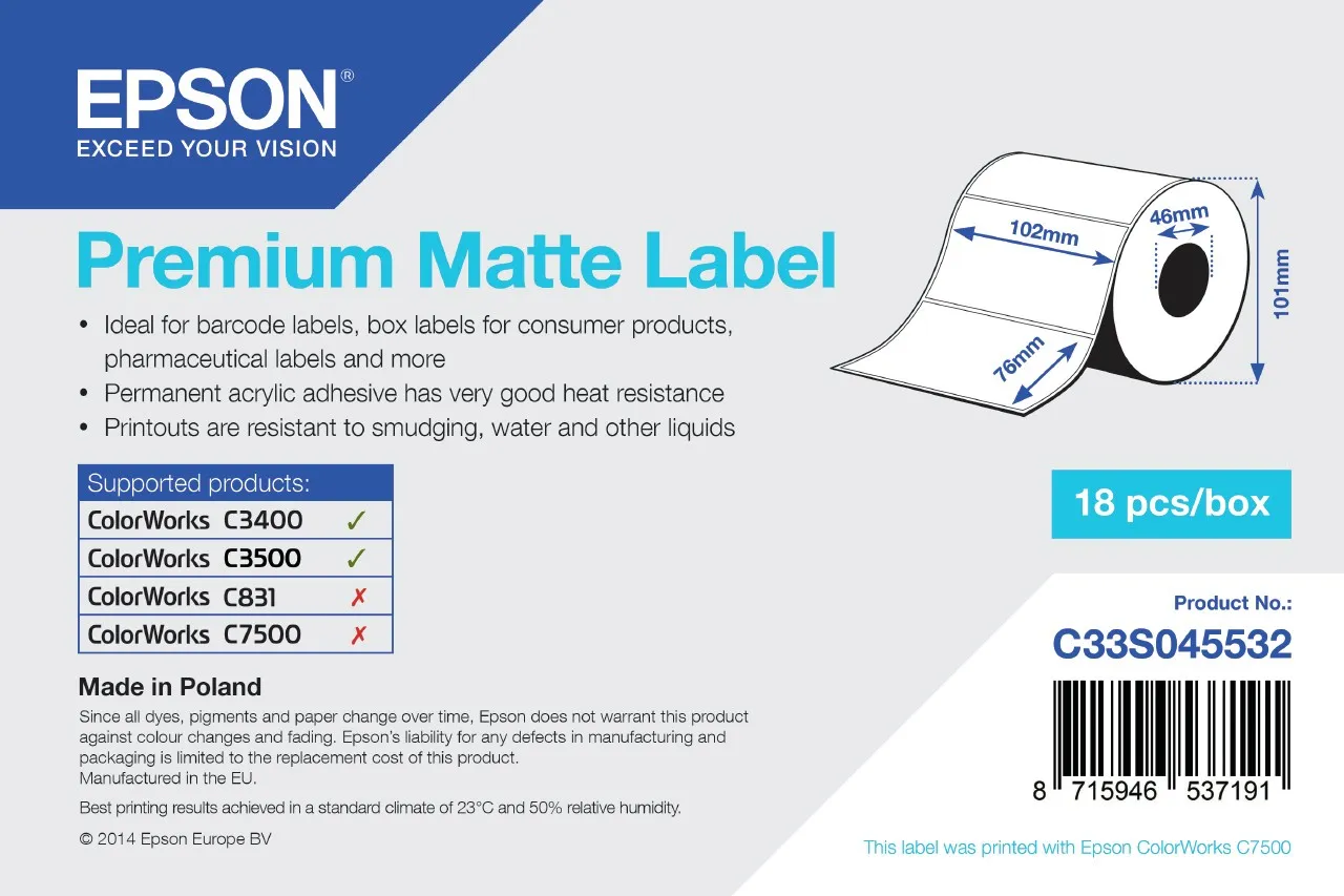ORIGINALE Epson Etichette Bianco C33S045532 S045532 Premium Matte Label - Die-cut Roll: 102mm x 76mm 440 labels - immagine 1