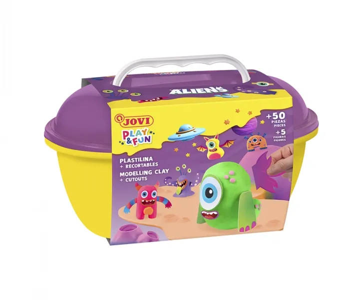 Jovi Play & Fun Aliens Box con 24 barrette di pasta modellabile da 15 g + modellatori + sagome - Senza glutine - A base vegetale - Non essiccante - Colori assortiti - immagine 1