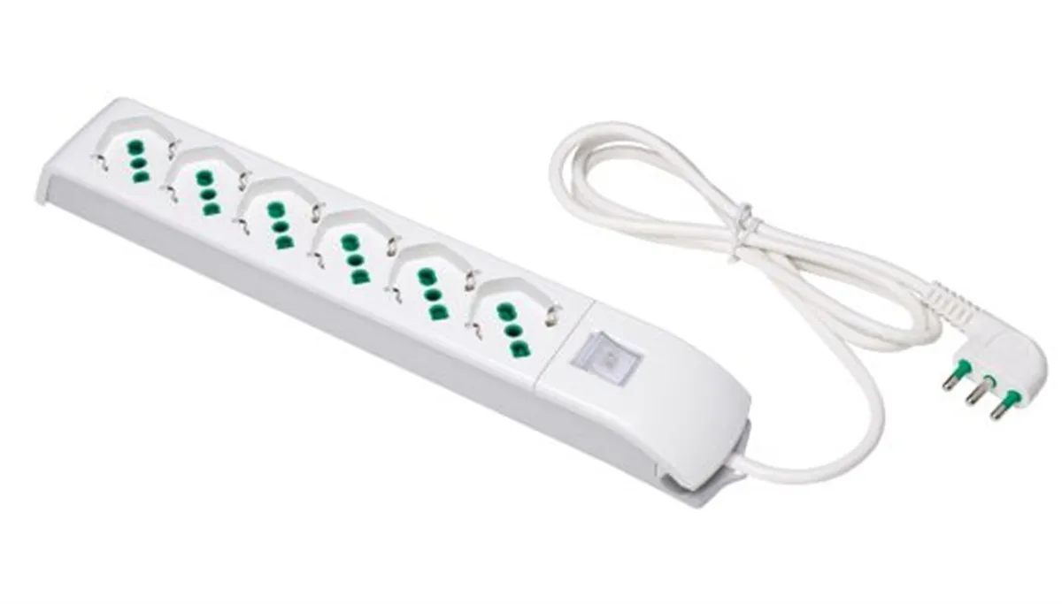 Multipresa Con Interruttore Cavo Nt 15 Spina Italiana 16A 90° Con 6 Prese Bipasso Ita/Schuko Colore Bianco - immagine 1