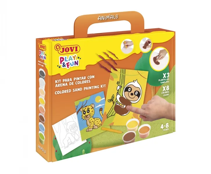 Kit di pittura su sabbia Jovi Play & Fun con 8 barattoli di sabbia + 1 perforatore + 3 fogli con disegni di animali terrestri - Colori assortiti - immagine 1