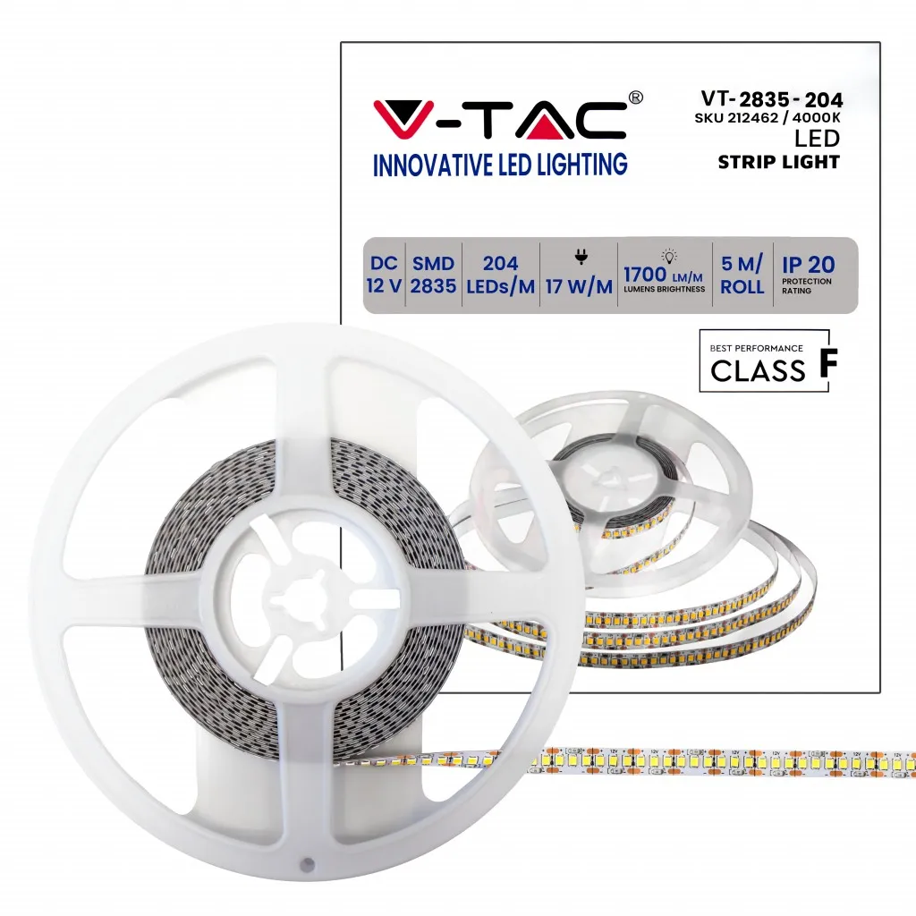 V-TAC Strip LED SMD3528 17W/m 5m 204 LED/m 12V 4000K IP20 10mm - immagine 1