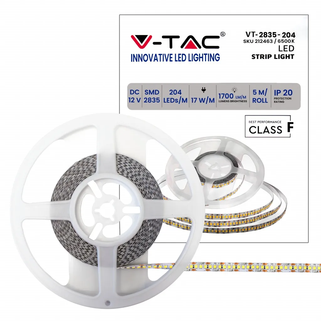 V-TAC Strip LED SMD2835 17W/m 5m 204 LED/m 12V 6400K IP20 10mm - immagine 1
