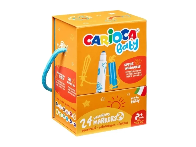 Carioca Baby Scatola Rigida con 24 Pennarelli - Punta Rotonda e Bloccata per la Massima Sicurezza - Super Lavabile - Dermatologicamente Testato - Colori Assortiti - immagine 1