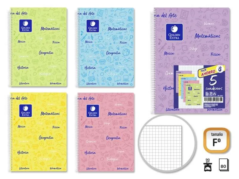 Confezione Golden da 5 Quaderni Soggetto Folio 80 Fogli 90gr Griglia 4x4 - Resistente - Copertina Rigida - Ideale per Studenti - Colori Pastello Assortiti - immagine 1
