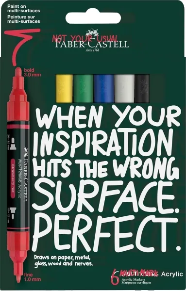 Set di 6 pennarelli acrilici Faber-Castell Multimark a doppia punta - punte rotonde da 1 mm e 3 mm - inchiostro acrilico a base d'acqua - colori assortiti - immagine 1