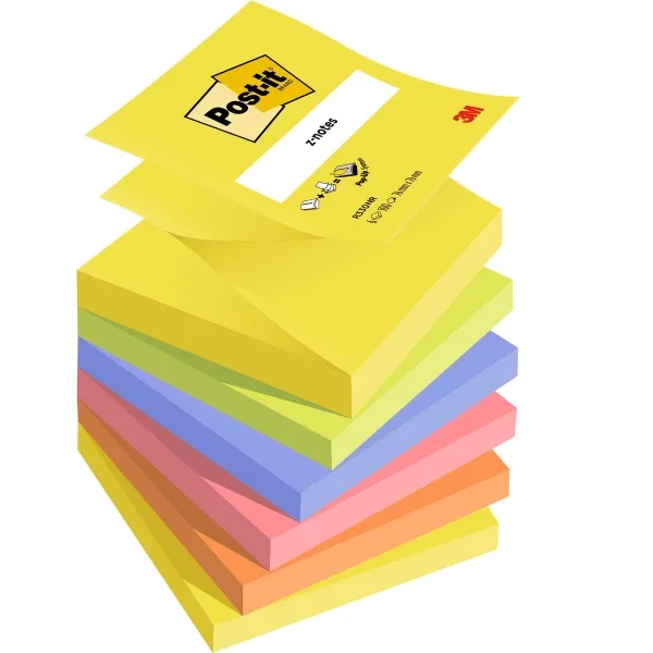 Confezione da 6 blocchetti di Post-it da 100 foglietti adesivi riposizionabili a Z formato quadrato 76x76 mm colori assortiti. - immagine 1