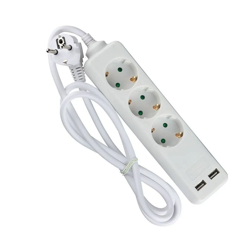 V-TAC Multipresa con Cavo 15m 3 Prese 10A 2P + Schuko 2 USB e Interruttore Luminoso Spina Schuko Colore Bianco - immagine 1