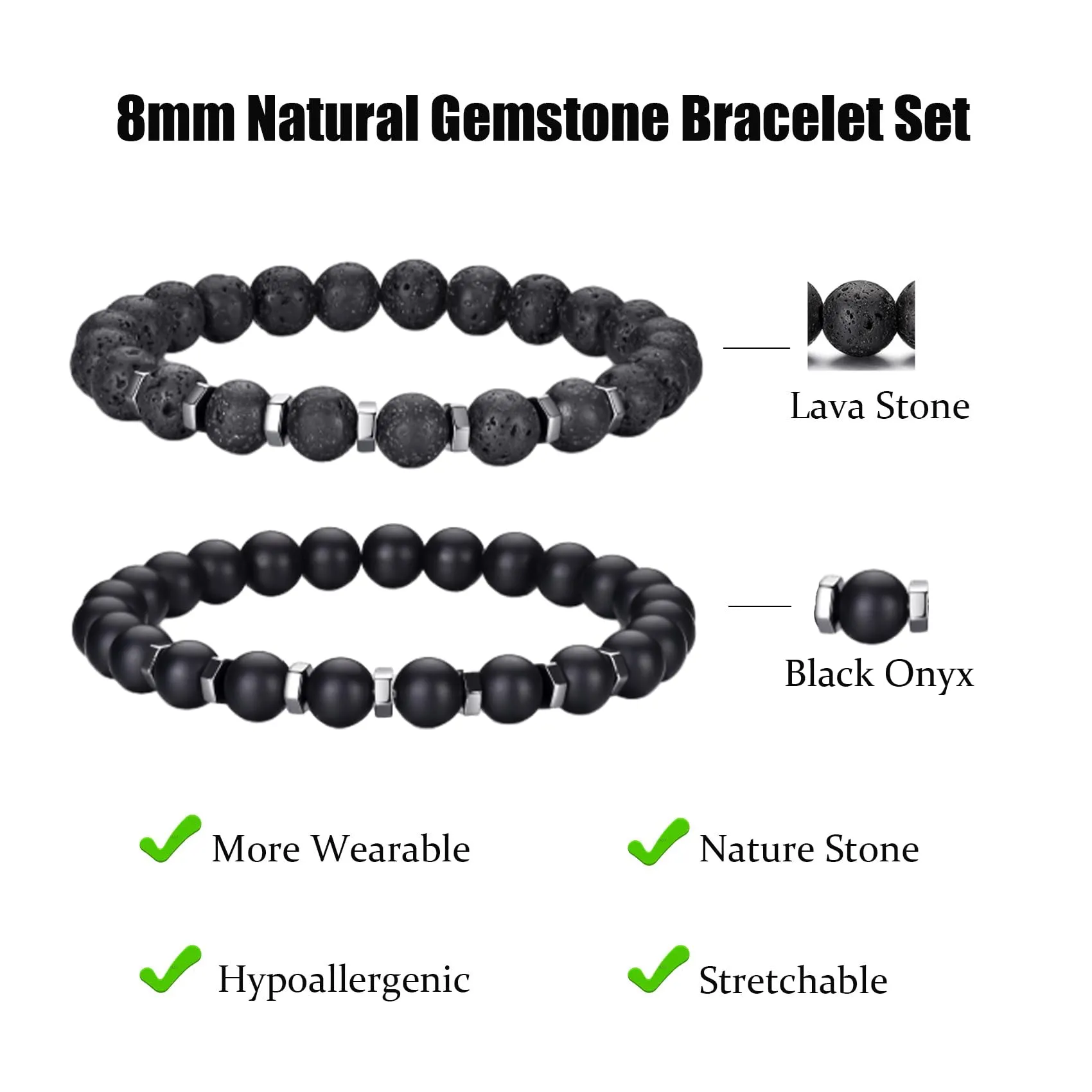 Bracciale Occhio di Tigre 8MM in Pietra Naturale e Lavica - Set Elasticizzato con Perline di Cristallo Nero per Uomo e Donna - Regali Regolabile - immagine 3