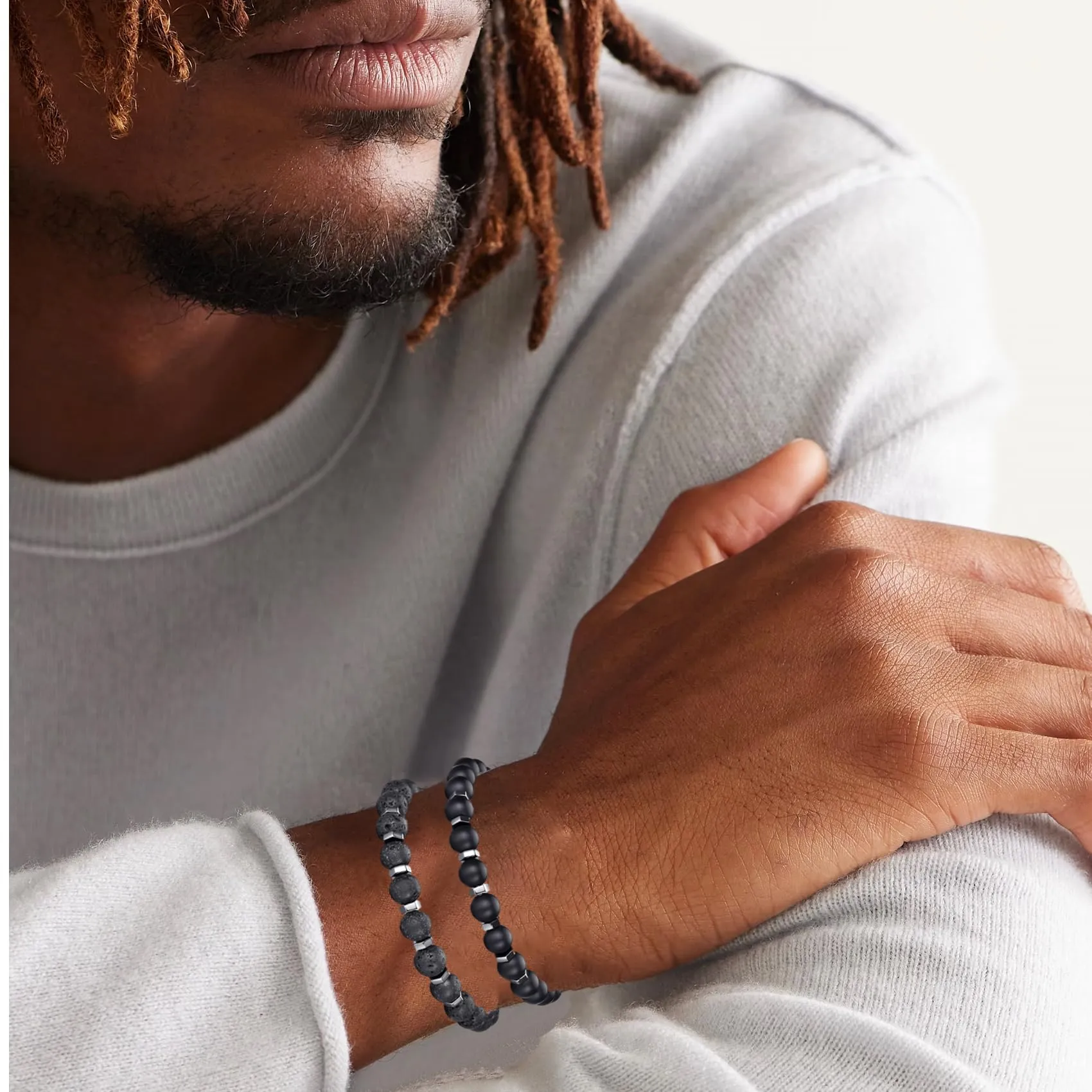 Bracciale Occhio di Tigre 8MM in Pietra Naturale e Lavica - Set Elasticizzato con Perline di Cristallo Nero per Uomo e Donna - Regali Regolabile - immagine 5