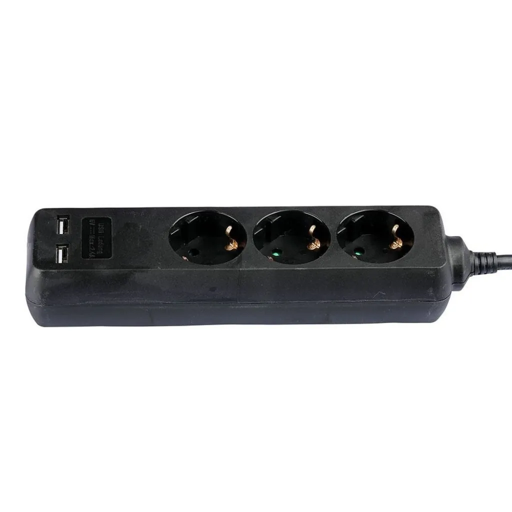 V-TAC Multipresa con Cavo 15m 3 Prese 10A 2P + Schuko 2 USB e Interruttore Luminoso Spina Schuko Colore Nero - immagine 1