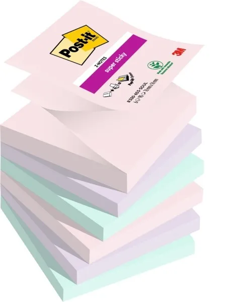 Post-it Super Sticky Confezione da 6 blocchi da 90 foglietti adesivi riposizionabili - Forma quadrata - 76x76 mm - Zig-Zag - Colori assortiti - immagine 1