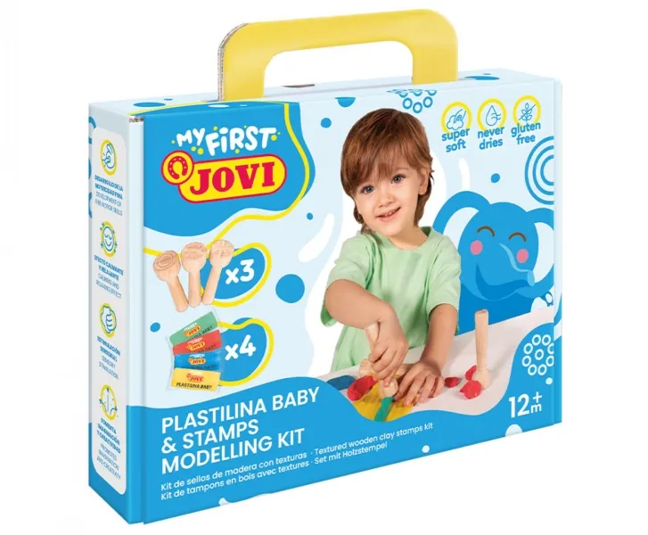 Jovi My First Kit di pasta modellabile con 4 blocchi di argilla da 38 g + 3 timbri in legno - Super morbida - Stimola la creatività e la sensibilità tattile - Rafforza i muscoli delle mani e delle dita - Colori assortiti - immagine 1
