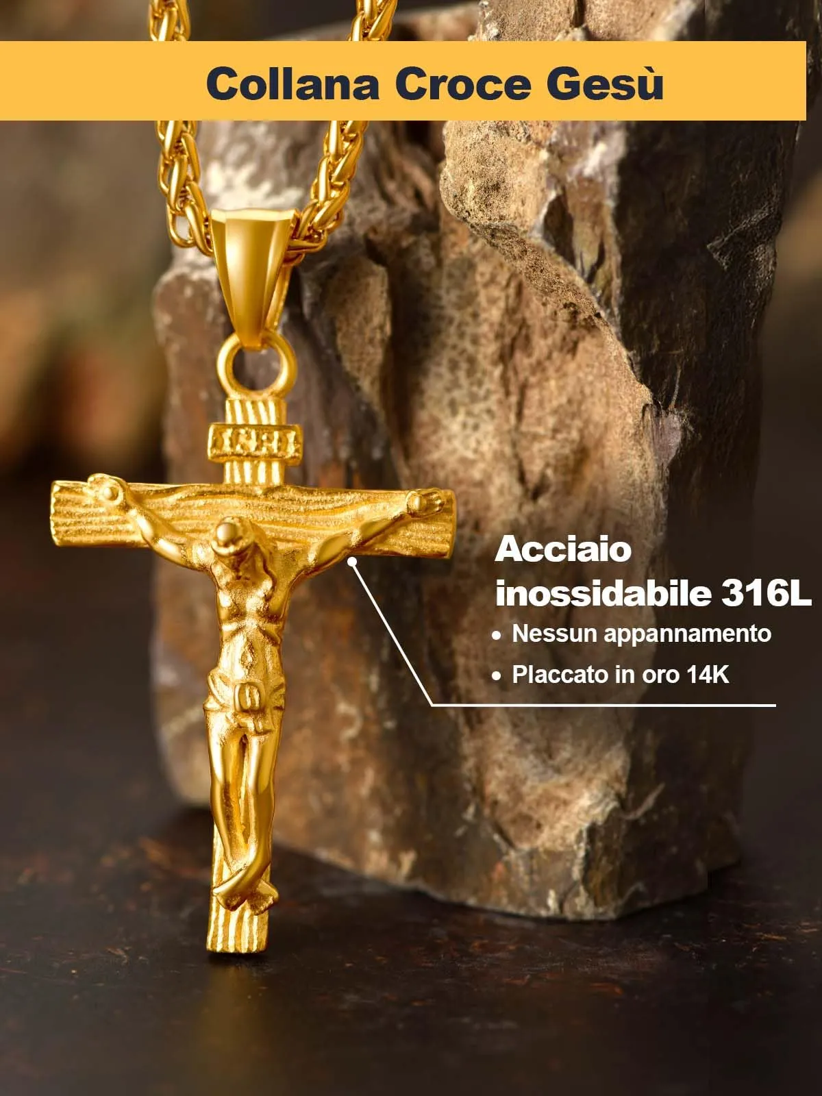 U7 Crocifisso Collana Uomo Oro + Catena Spiga Acciaio Inossidabile 55+5cm - immagine 4