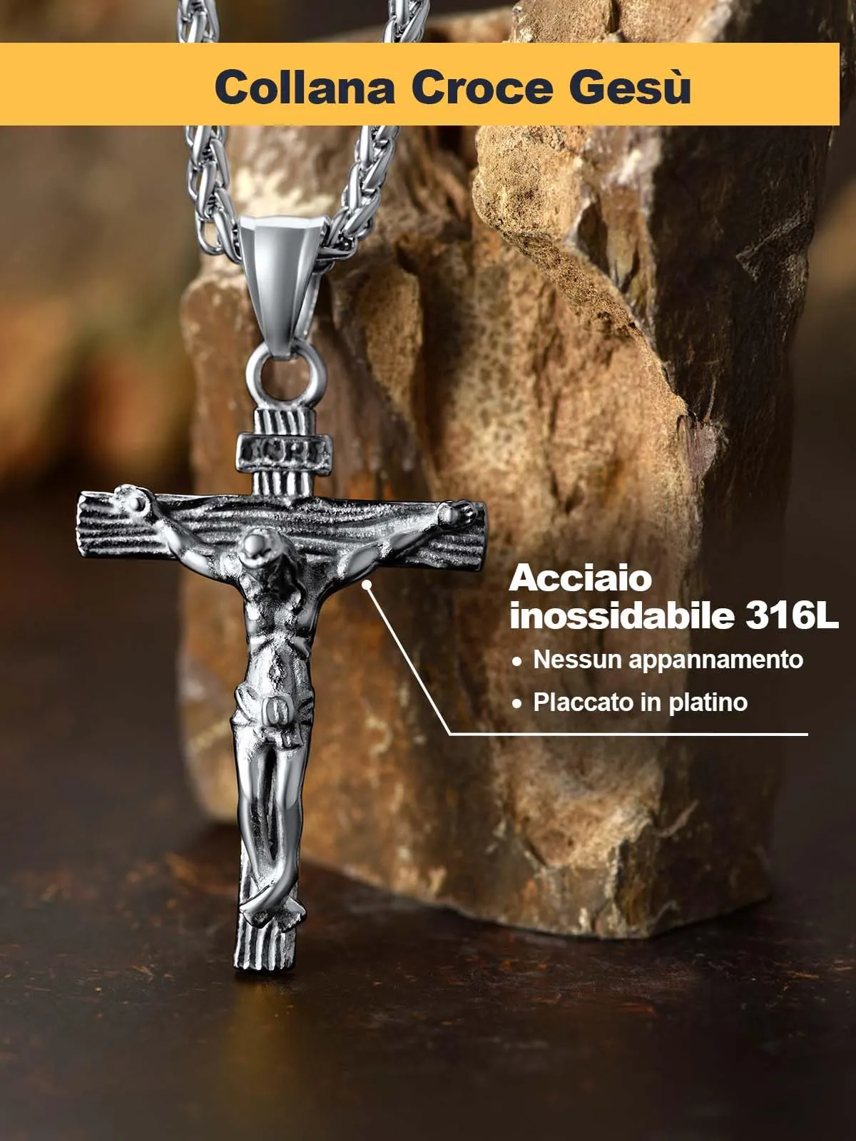 U7 Crocifisso Collana Uomo + Catena Spiga Acciaio Inossidabile 55+5cm - immagine 5