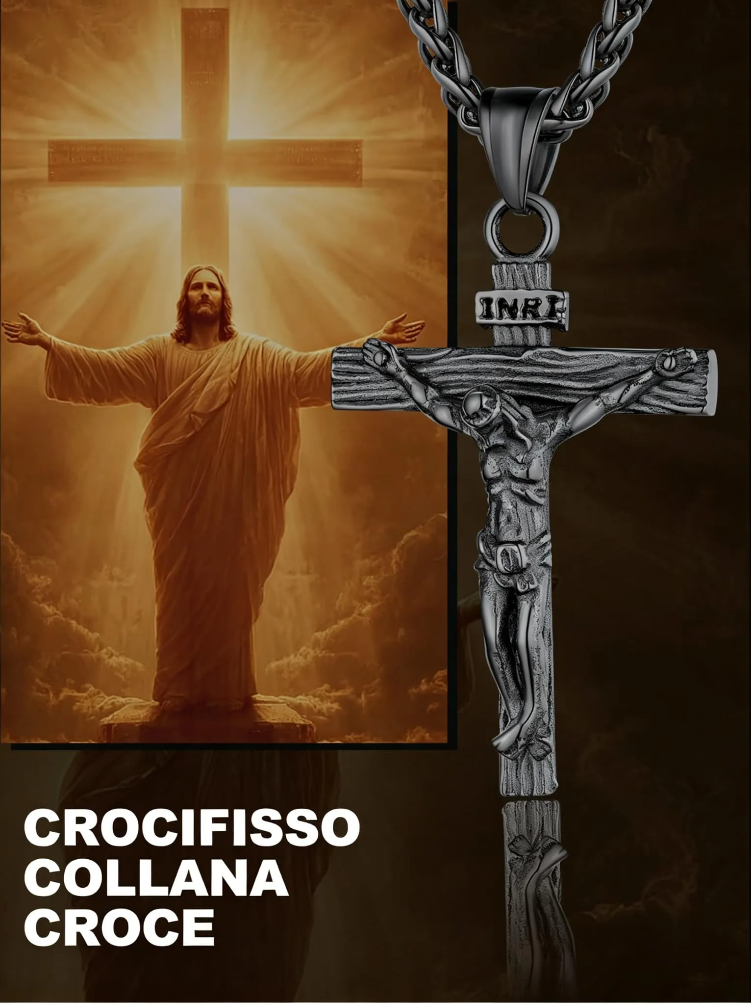 U7 Crocifisso Collana Uomo Nero + Catena Spiga Acciaio Inossidabile 55+5cm - immagine 3