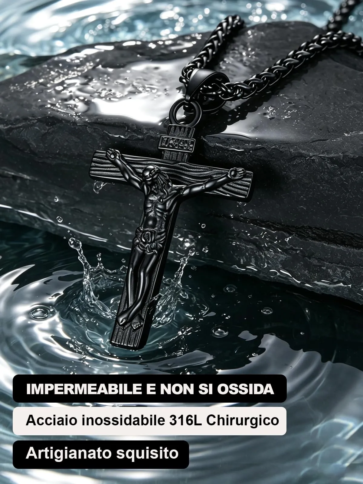 U7 Crocifisso Collana Uomo Nero + Catena Spiga Acciaio Inossidabile 55+5cm - immagine 5
