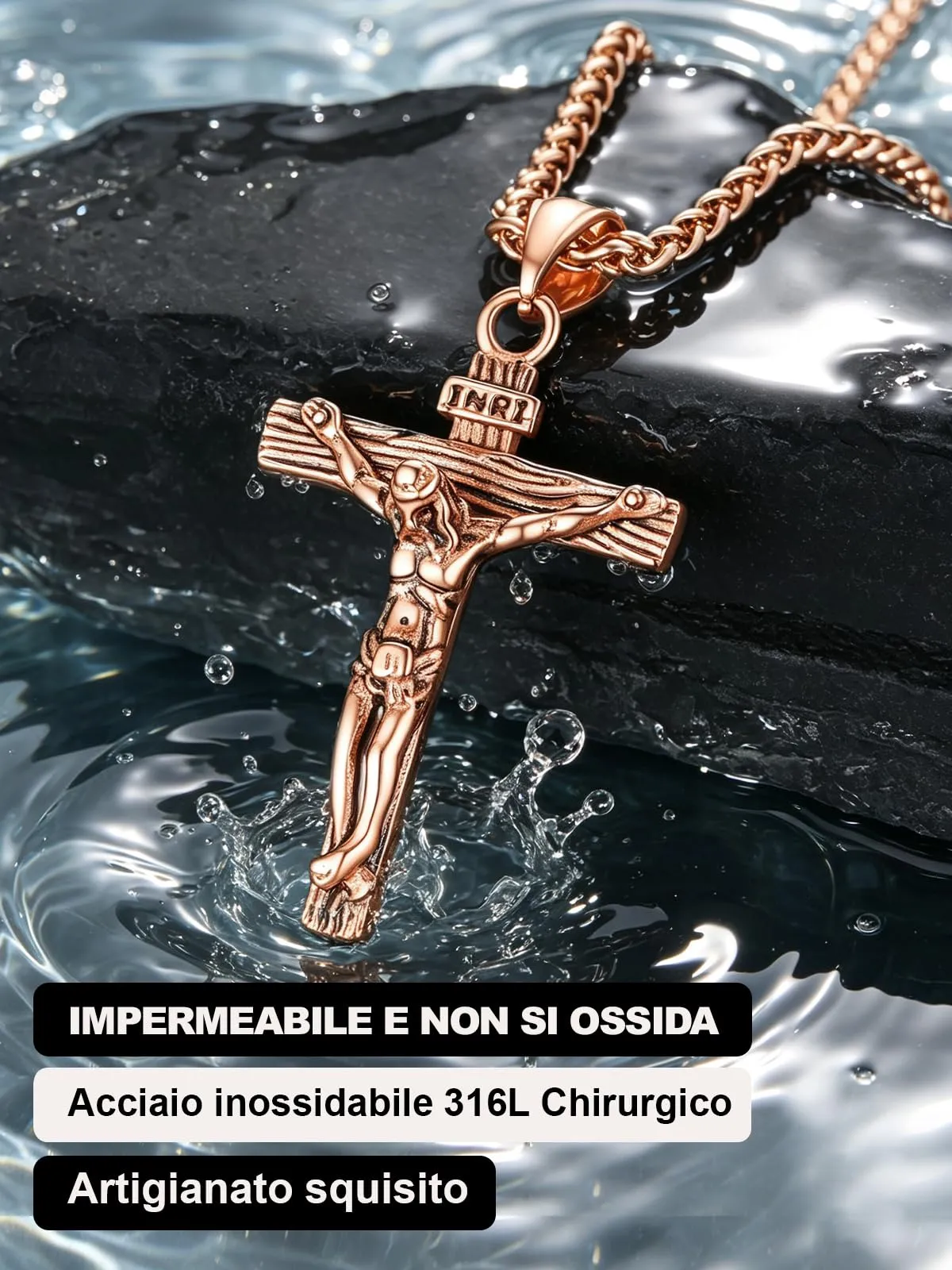U7 Crocifisso Collana Uomo Oro Rosa + Catena Spiga Acciaio Inox 55+5cm - immagine 4