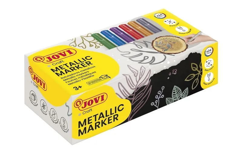 Jovi Metalic Box da 24 pennarelli - Colori effetto metallizzato - Inchiostro a base d'acqua - Facile da pulire - Ideale per carta scura e cartoncino - Colori assortiti - immagine 1