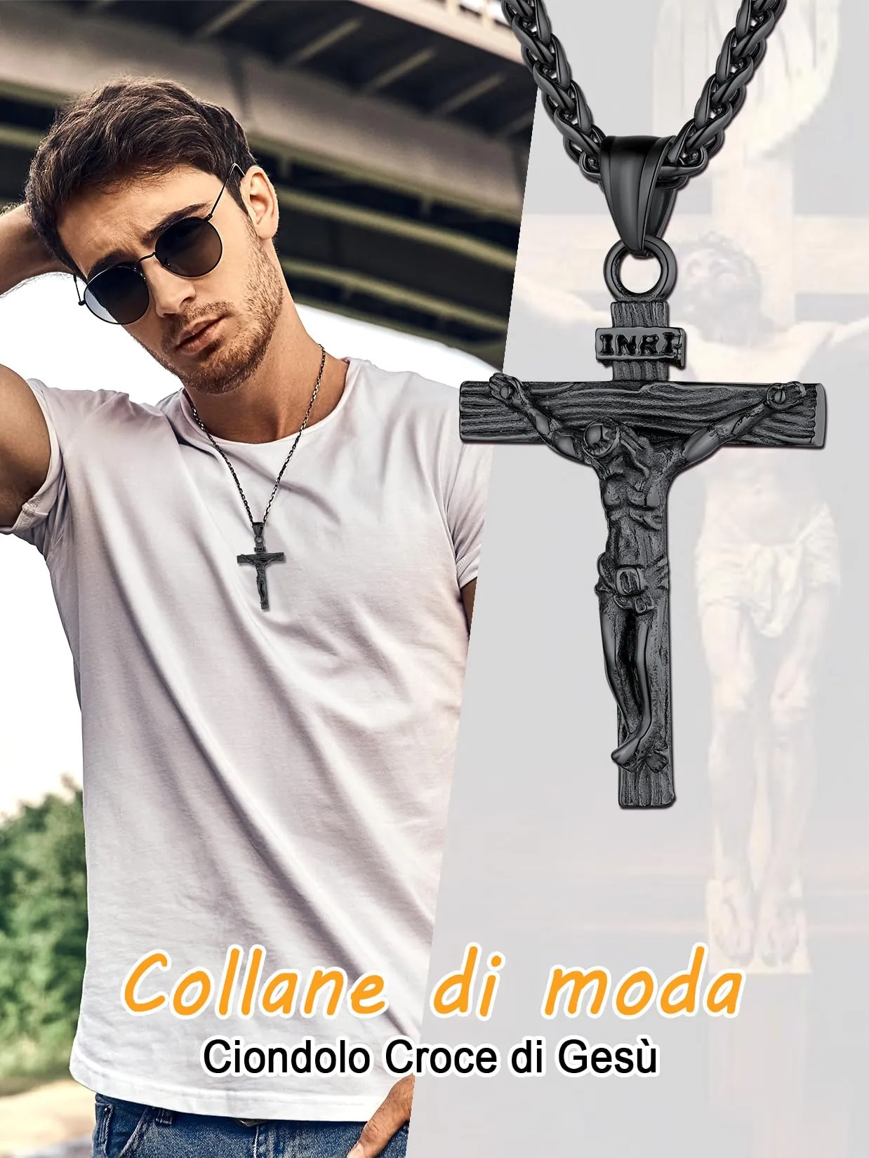 U7 Crocifisso Collana Uomo Nero + Catena Spiga Acciaio Inossidabile 55+5cm - immagine 2
