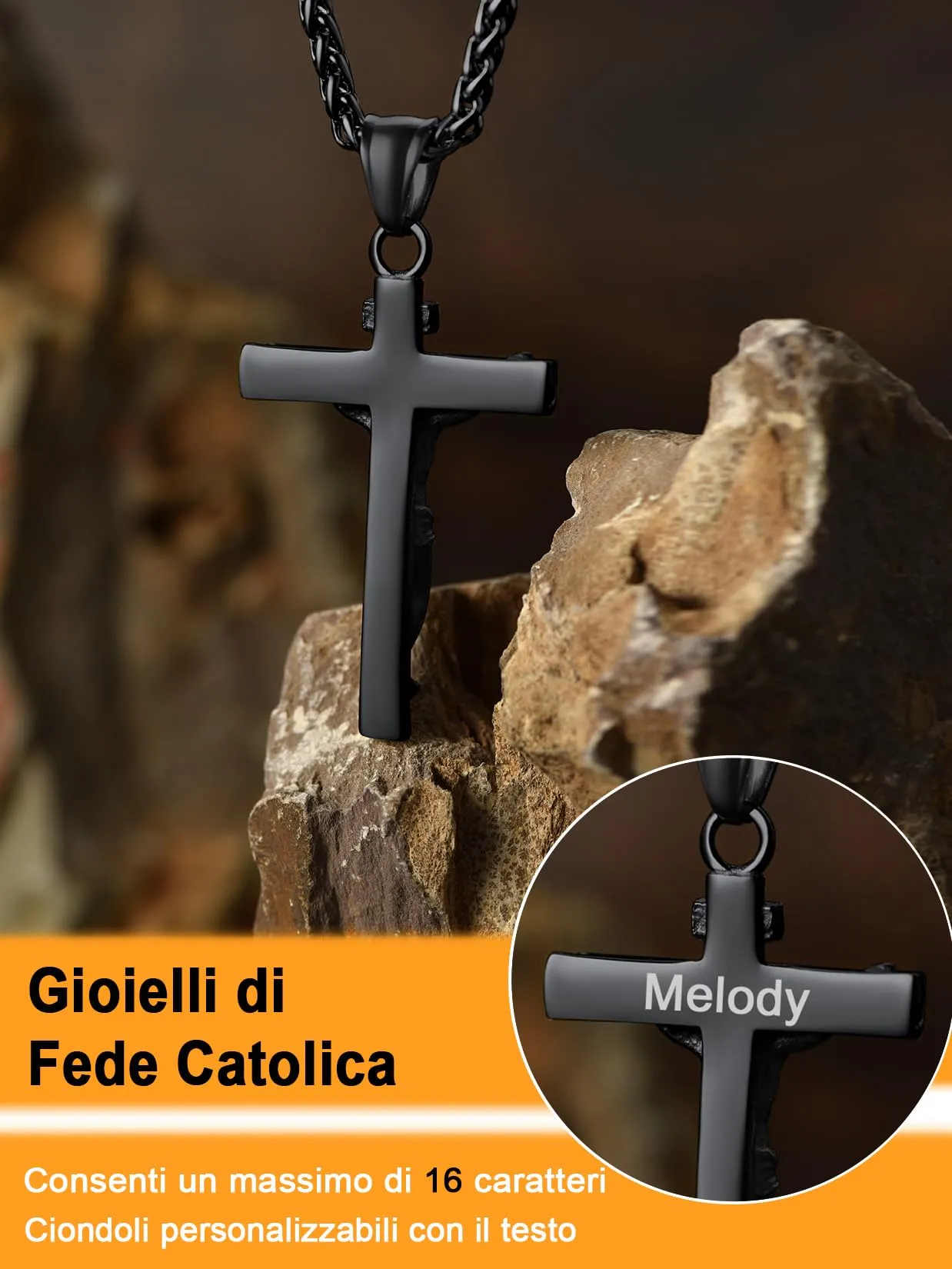 U7 Crocifisso Collana Uomo Nero + Catena Spiga Acciaio Inossidabile 55+5cm - immagine 5
