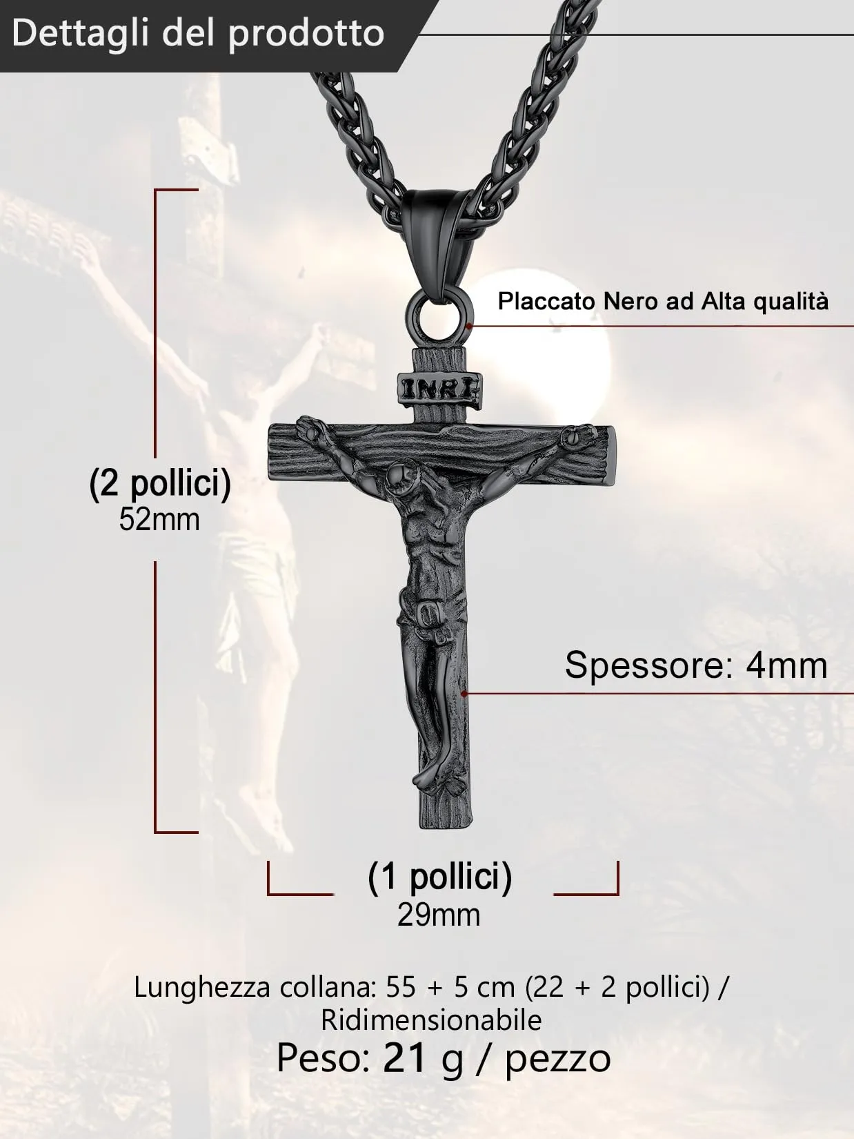 U7 Crocifisso Collana Uomo Nero + Catena Spiga Acciaio Inossidabile 55+5cm - immagine 6