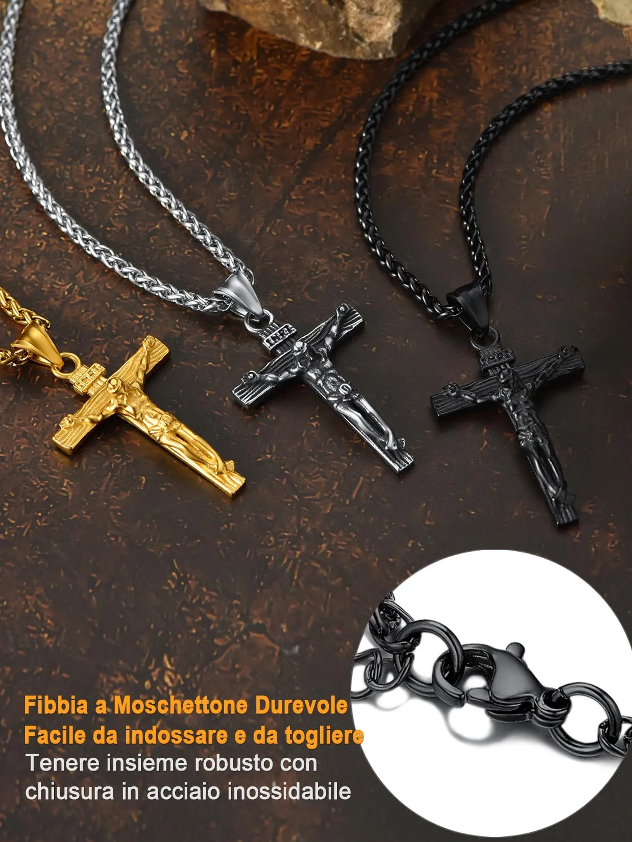 U7 Crocifisso Collana Uomo Nero + Catena Spiga Acciaio Inossidabile 55+5cm - immagine 7