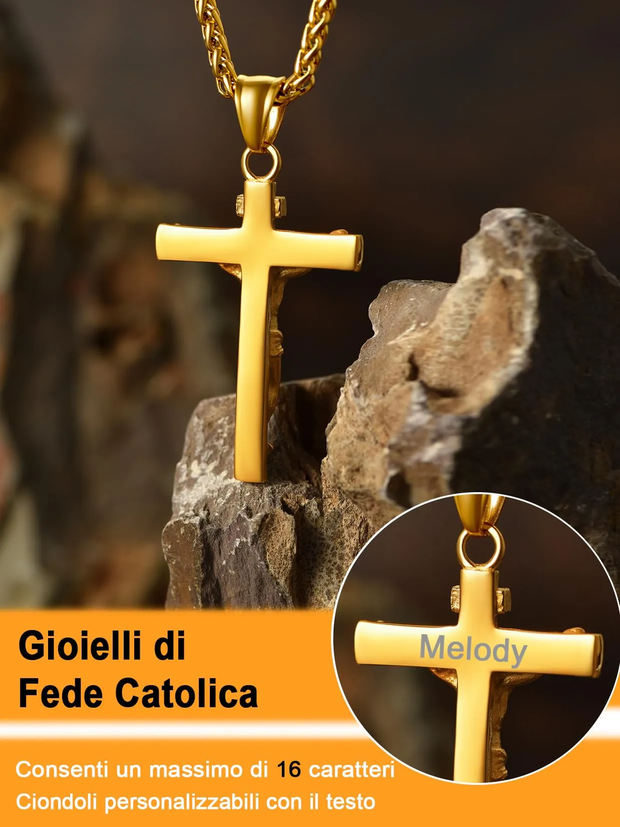 U7 Crocifisso Collana Uomo Oro + Catena Spiga Acciaio Inossidabile 55+5cm - immagine 4