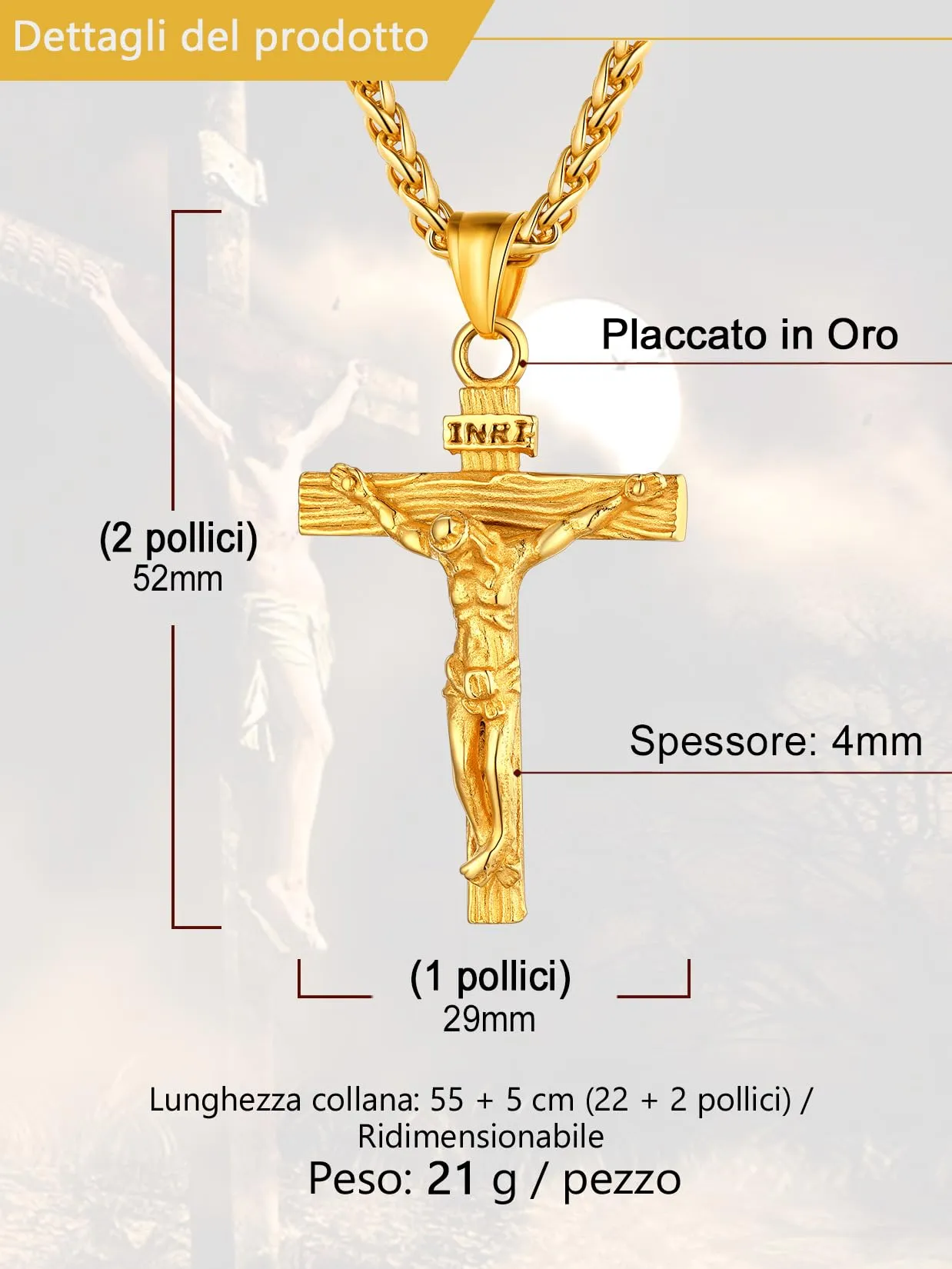 U7 Crocifisso Collana Uomo Oro + Catena Spiga Acciaio Inossidabile 55+5cm - immagine 5